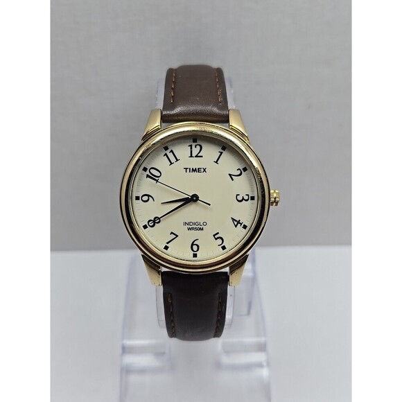 Timex Easy Reader Indiglo Gold Tone 35mm Quartz Watch Leather New Battery WR 30M - Picture 1 of 13